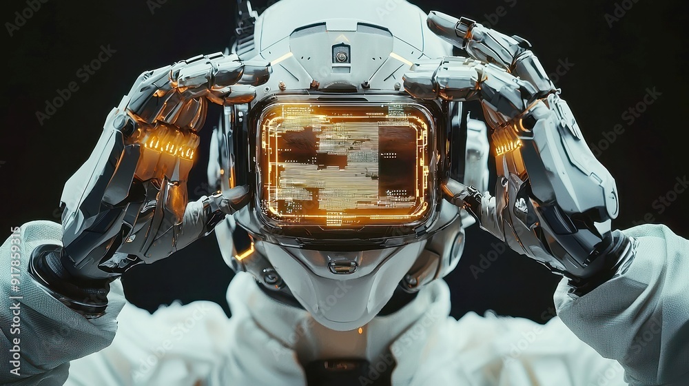 Poster humanoid robot with hologram interface, a futuristic scene showcasing an advanced ai robot interacti