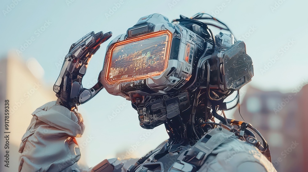 Poster humanoid robot with holographic interface, a futuristic scene showcasing an advanced ai robot engagi