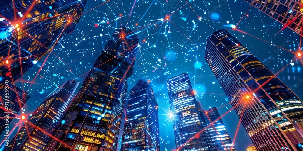 Poster illuminated skyscrapers at night connected by glowing lines, symbolizing a web of communication and 