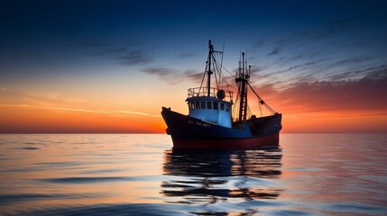 Naklejka premium Fishing Boat at Sunset - Serene Ocean View with Vibrant Sky Colors