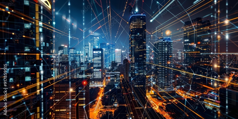 Aufkleber a nighttime cityscape with glowing lines forming a network between illuminated skyscrapers, represen