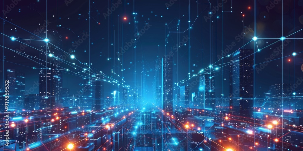 Poster illuminated skyscrapers at night connected by glowing lines, symbolizing a web of communication and 