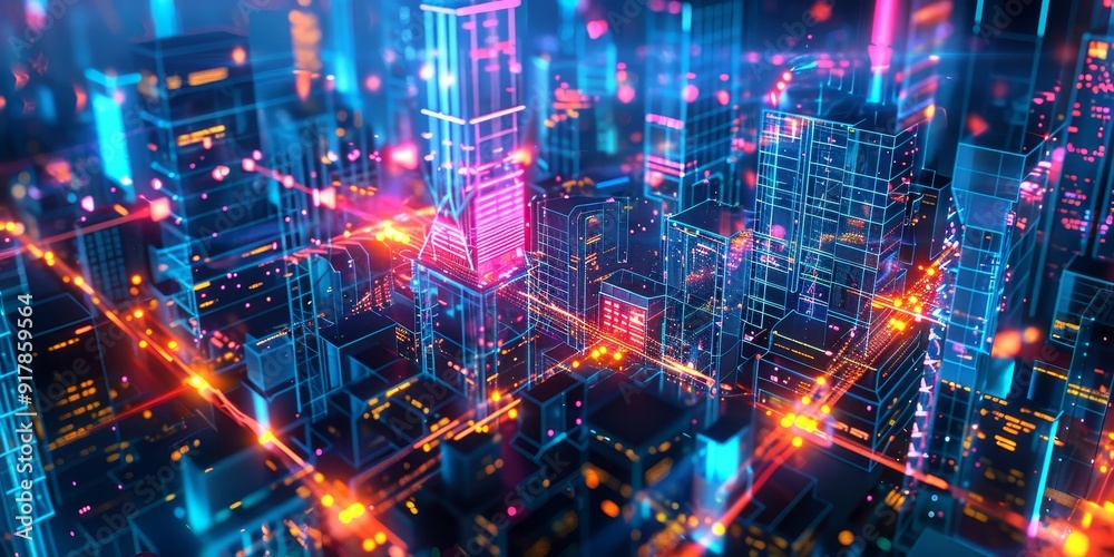 Poster City lights at night with neon lines connecting buildings in a complex network, illustrating the integration of advanced technology and digital connectivity in an urban setting