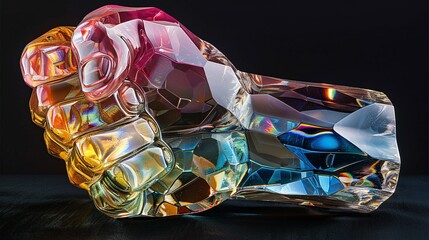 A vibrant crystal fist sculpture showcases hues of red, yellow, and blue, reflecting light beautifully in a dark setting, representing power and determination