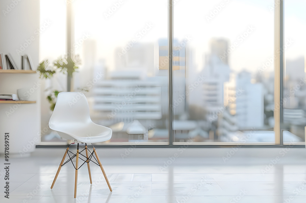 Poster a minimalist white chair placed in a bright, modern room with large windows overlooking a cityscape,