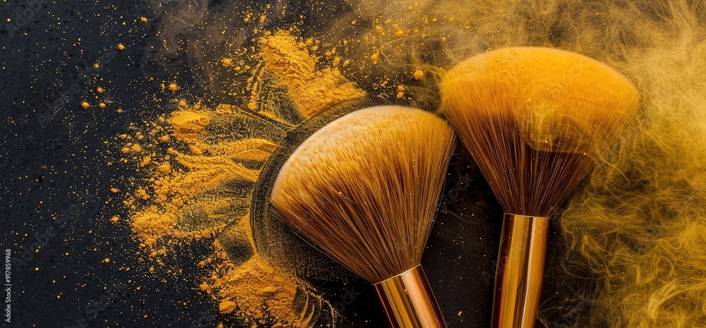 Wall mural Two makeup brushes with golden powder on a black background. The brushes are in focus and the powder is blurred.