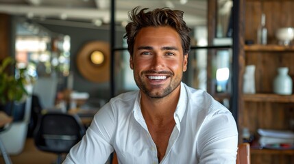 Obraz premium A cheerful man with a stylish shirt sits in a contemporary office, showcasing his confident smile while surrounded by a warm atmosphere