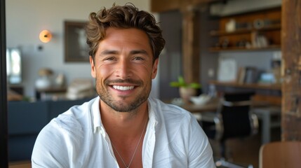 Obraz premium A smiling man with curly hair enjoys a relaxed moment in a bright, stylish living area decorated with plants and contemporary furniture