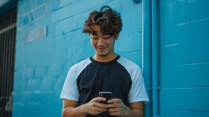 Fototapeta premium A young man casually checks his smartphone, smiling as he enjoys a moment against a bright blue background