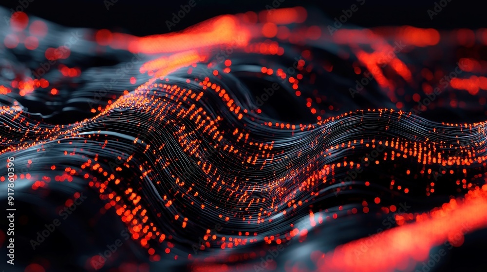 Poster crypto waves, a dynamic 3d visualization of wavy lines representing data flow in a digital landscape