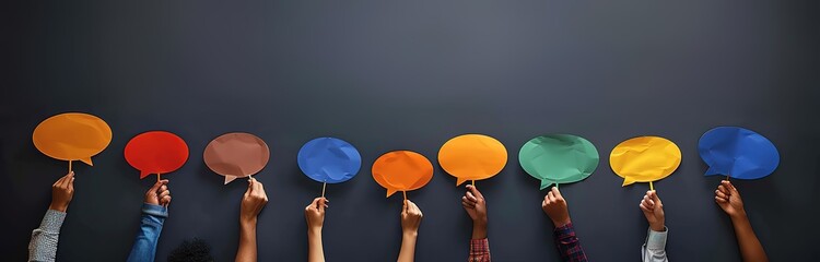 Diverse hands holding colorful speech bubbles on a dark background. Concept of communication, dialogue, and multiculturalism.