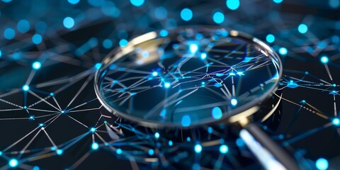 A digital network under close scrutiny by a magnifying glass, with detailed nodes and connections highlighted, representing precise inspection and analysis of network systems