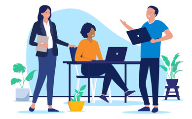 Smiling people working together in office - Small team of three businesspeople using computers, talking and discussing work and business together. Flat design vector illustration with white background