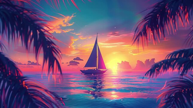 Sailboat gently drifting on the ocean during a stunning sunset, with vibrant colors reflecting off the water and creating a tranquil Seamless looping 4k time-lapse virtual video animation Generated AI