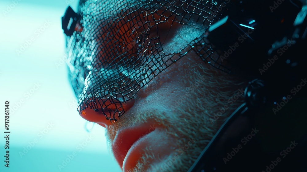 Poster futuristic ai portrait with digital matrix environment, showcasing an advanced synthetic face surrou
