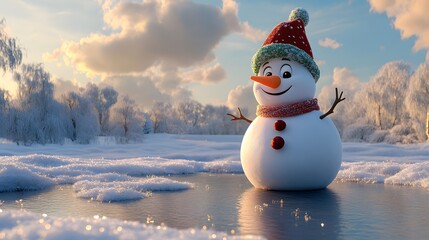 Fototapeta premium A Cheerful Snowman Standing in a Frozen Pond at Sunset