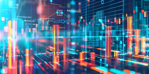 Obraz premium Digital artwork of merging corporate structures with financial data and charts, representing the integration and strategic aspects of mergers and acquisitions
