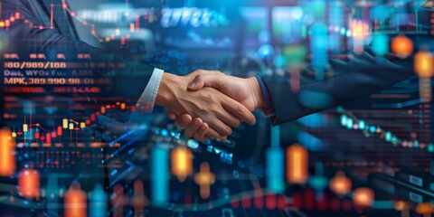 Digital artwork of merging corporate structures with financial data and charts, representing the integration and strategic aspects of mergers and acquisitions