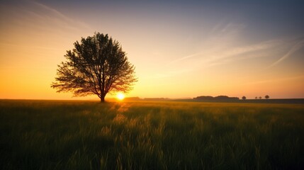 Obraz premium Sunrise over Tranquil Field with Lone Tree â€“ Beautiful Landscape Photography