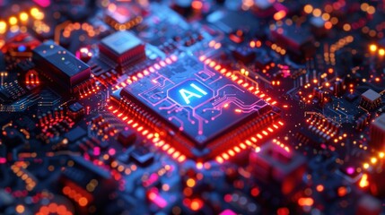 Obraz premium A close-up of a futuristic AI chip, glowing with bright red and blue lights.