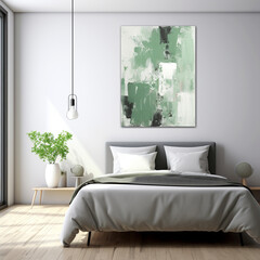Minimalist Bedroom Interior with Green Abstract Art