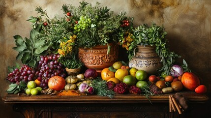 Still Life with Fruit, Herbs, and Spices on a Wooden Table