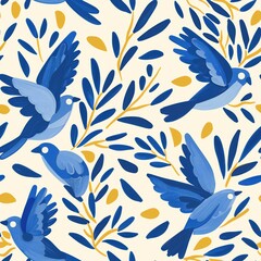 seamless pattern with birds, blue on white