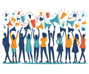 group of people dancing and holding megaphone/ flat illustration