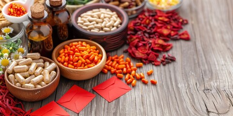 Fototapeta premium Colorful array of herbs, spices, and supplements arranged on a rustic wooden table, showcasing natural remedies and wellness.