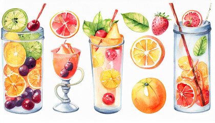 Watercolor refreshing fruity cocktails with fresh fruits. Citrus, berries, juice. Summer vibe