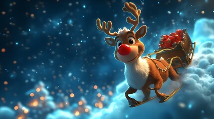 A Festive Reindeer Soaring Through a Night Sky Filled with Snow and Lights