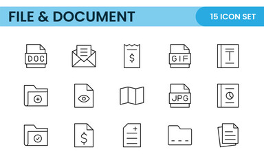 Document outline icons. Document icon set. Set of outline icons related to document, files, message, security. Linear icon collection.