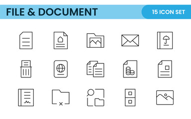 Document outline icons. Document icon set. Set of outline icons related to document, files, message, security. Linear icon collection.