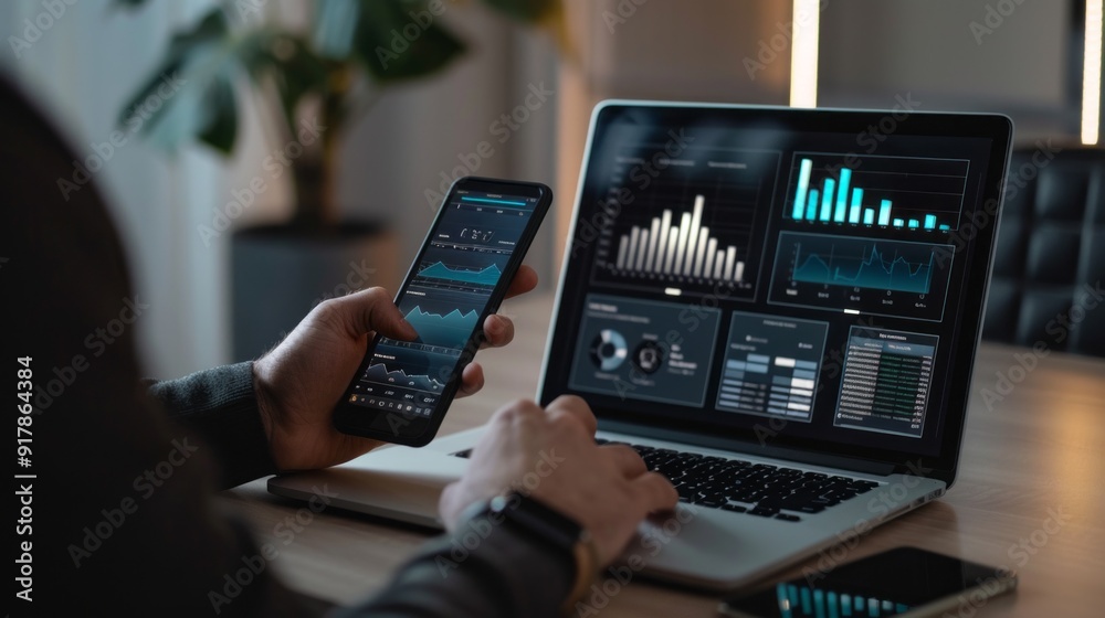 Poster A person is using a laptop and a cell phone to view graphs and charts