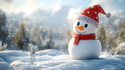 Obraz premium Cheerful Snowman in a Snowy Winter Landscape with a Red Hat and Scarf, Basking in the Warm Glow of the Sun