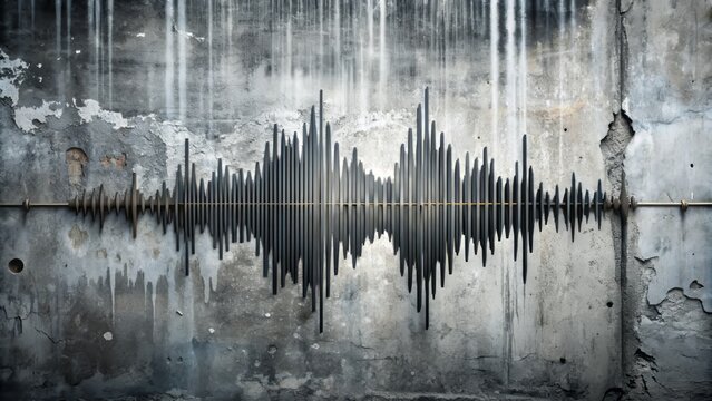 Abstract sound wave design elements overlap on a distressed concrete wall, creating a visually striking representation of sonic chaos and urban decay.