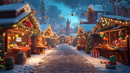 Obraz premium Festive Christmas Market in a Snow-Covered Village with a Towering Castle in the Distance