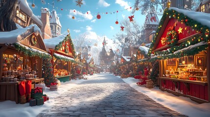 Obraz premium Festive Christmas Market Street Scene with Cozy Wooden Shops, Sparkling Lights, and Snow-Covered Cobblestones