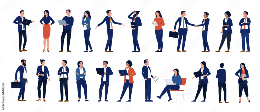 Fototapete collection of businesspeople - set of white collar professional people in suit working using laptops