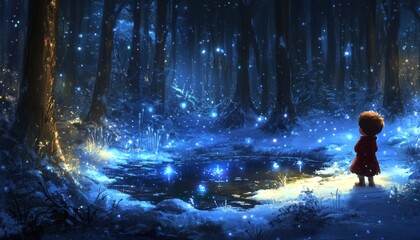 Fototapeta premium Enchanting Moonlit Winter Silhouette: Magical Moment of Child by Snowy Pond in Anime-Style Forest. Captivating Digital Illustration for Storybook Art, Creative Marketing, and Seasonal Themes. Serene N