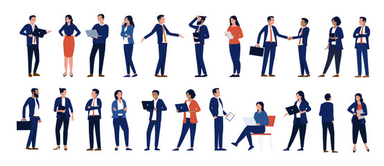 Collection of businesspeople - Set of white collar professional people in suit working using laptops, talking and standing in various poses. Flat design vector bundle with white background
