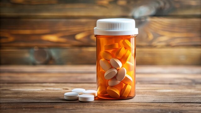 A clear orange plastic pill bottle with a white cap and label, containing oval-shaped white tablets, on a wooden table against a blurred background.