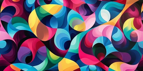 A vibrant abstract pattern featuring interlocking geometric shapes and fluid curves, blending seamlessly into a captivating and mesmerizing visual experience