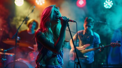 A woman singing in front of a band with smoke in the background