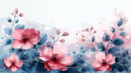 An elegant wedding invitation template with watercolor flowers and leaves, gold lines, and marble abstract background