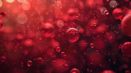 Vibrant red cells and bubbles in detailed c4d rendering with soft light and strong contrast