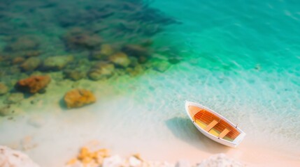 Fototapeta premium Elegant Italian Riva Motorboat on a Sandy Mediterranean Beach, Surrounded by Cliffs and Rocks, Embodying Luxury and a Rich Coastal Lifestyle