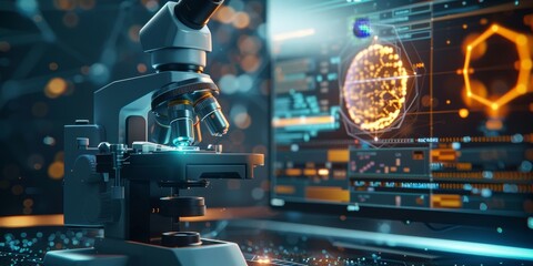 Laboratory microscope with a digital screen displaying magnified images of a specimen, highlighting advanced technology and detail in scientific analysis