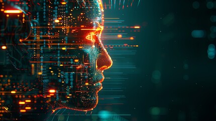 Side profile of a futuristic artificial intelligence computer head with glowing lines and data
