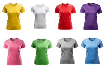 Yellow, white, red, purple, pink, green, gray, blue Color short sleeve women t-shirts front view on transparent background.